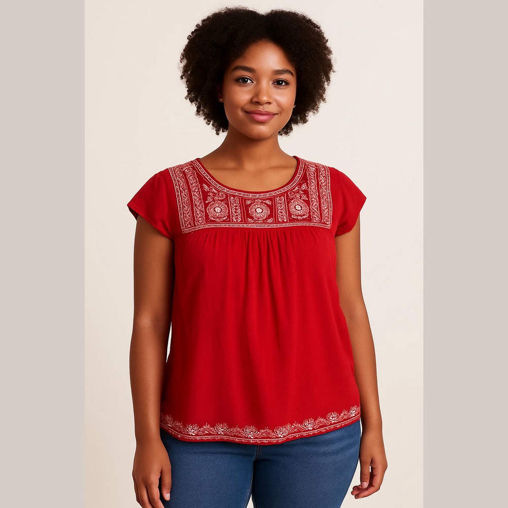 ☘️ Faded Glory Scarlet Blouse with Ivory Detailing